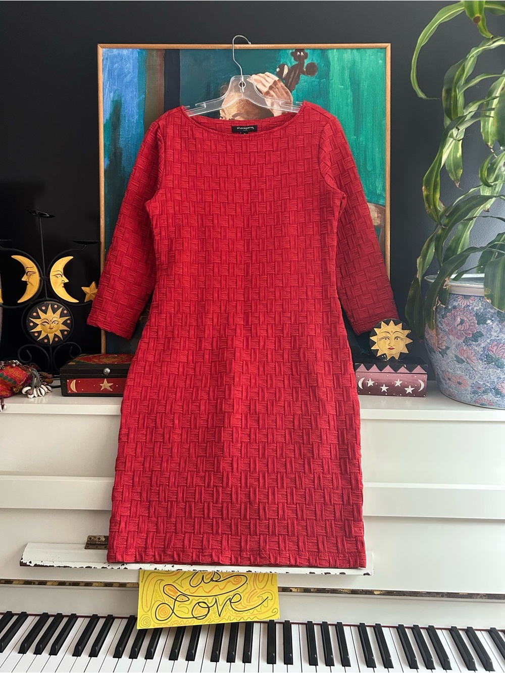 Sharagano Red Textured Basket Weave Midi Sheath Dress Size 10